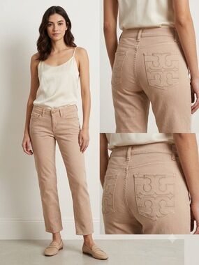 Tory Burch Logo Crop Straight Leg Jeans Tan, Women's Size 27
